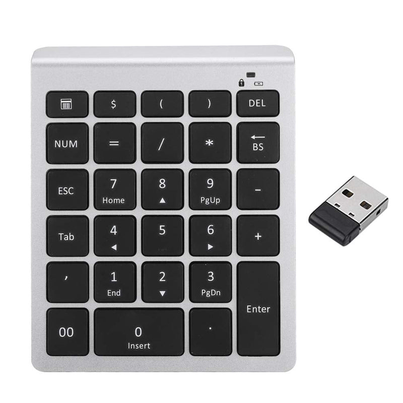 [Australia - AusPower] - Wireless USB Numeric Keypad， Portable Slim Mini Number Pad with 28 Keys 2.4G Version Plug and Play for Laptop PC Desktop Asynchronous Connection(Silver) Silver 