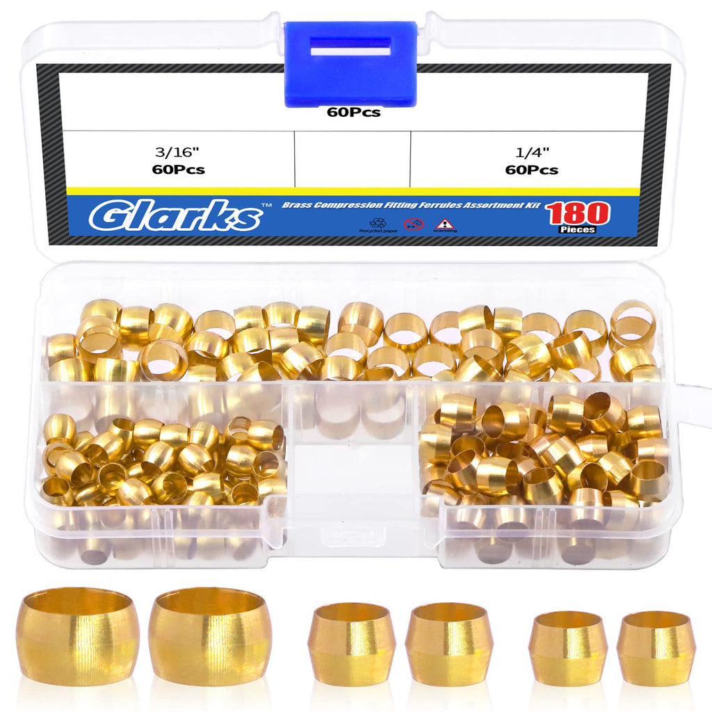 [Australia - AusPower] - Glarks 180Pcs Tube OD 3/16" 1/4" 5/16" Brass Compression Sleeves Ferrules, 3 Size Brass Compression Fitting Assortment Kit 