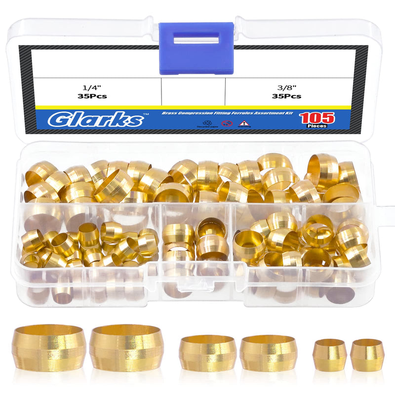 [Australia - AusPower] - Glarks 105Pcs Tube OD 1/4" 3/8" 1/2" Brass Compression Sleeves Ferrules, 3 Size Brass Compression Fitting Assortment Kit 