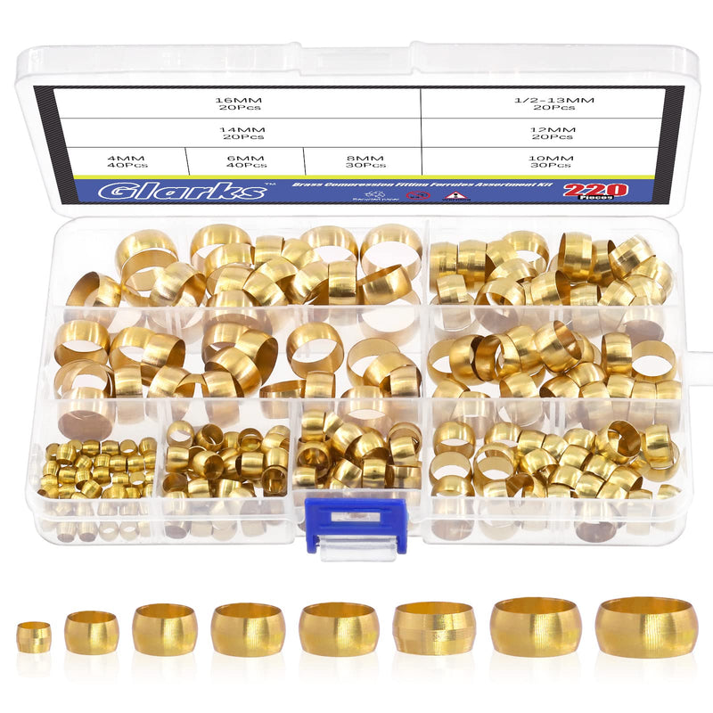 [Australia - AusPower] - Glarks 220Pcs Brass Compression Sleeves Ferrules, Tube OD 4mm 6mm 8mm 10mm 12mm 13mm 14mm 16mm Brass Compression Fitting Assortment Kit 