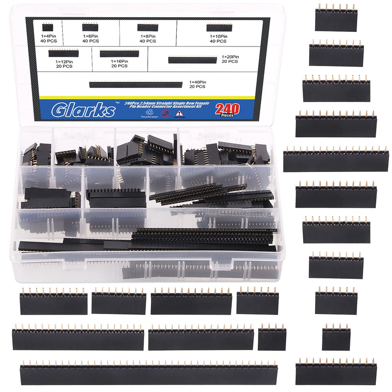 [Australia - AusPower] - Glarks 240Pcs 2.54mm Straight Single Row PCB Board Female Pin Header Socket Connector Strip Assortment Kit for Arduino Prototype Shield 