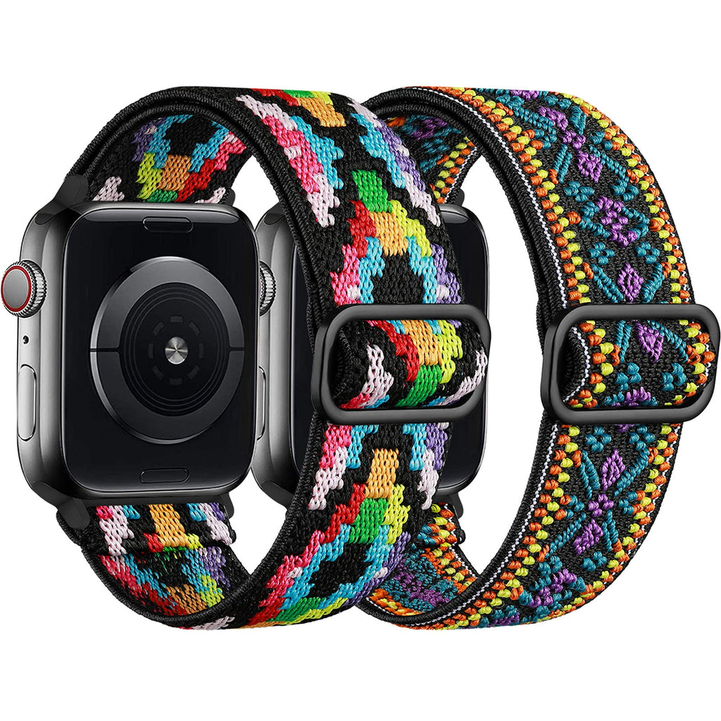 [Australia - AusPower] - [2 Pack] SNBLK Compatible with Apple Watch Bands 45mm 44mm 42mm 41mm 40mm 38mm, Adjustable Stretchy Elastic Sport Nylon Strap Replacement Wristbands Compatible for iWatch Series 7 6 5 4 3 2 1 SE Colorful Diamond/Bohemia Flower 38mm/40mm/41mm 