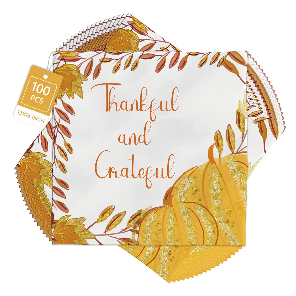[Australia - AusPower] - Thanksgiving Napkins 100PCS 13" X 13" Disposable Paper Napkins for Fall Party Supplies Thanksgiving Dinner Party Table Decorations Orange Paper Napkins Pumpkin Design Thanksgiving Glitter Pumpkin 