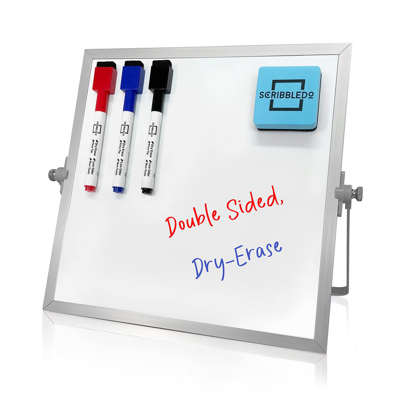[Australia - AusPower] - Scribbledo Dry Erase Magnetic Board Desktop Whiteboard with Stand, 10x10 Inch Portable Double-Sided White Board Magnetic Easel 3 Markers & Eraser Included 