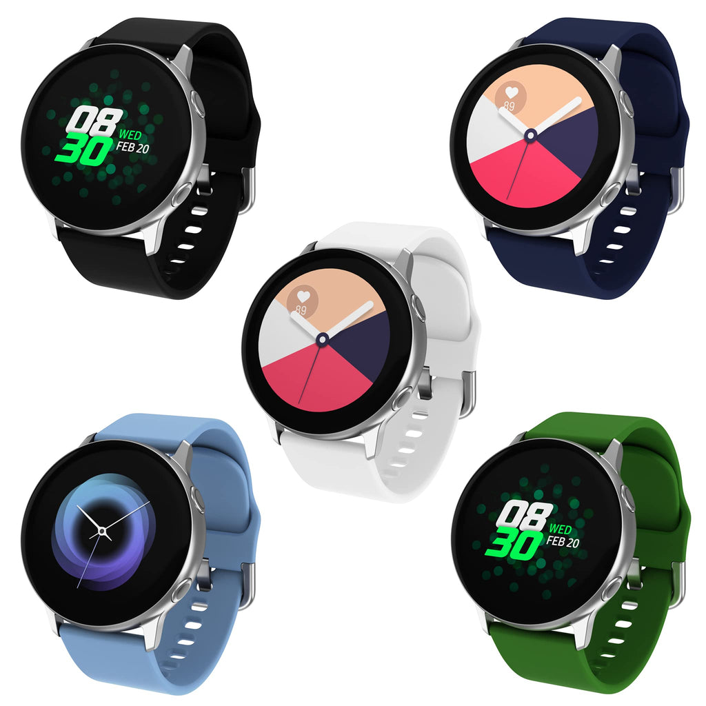 [Australia - AusPower] - Hoopidy 5 Pack Bands Compatible With Samsung Galaxy Watch Active 2 40mm and 44mm, Galaxy Watch 3 41mm, Galaxy Watch 42mm, Galaxy Watch Active, 20mm Silicone Wristband Replacement for Men Kids and Women Black/White/Army Green/Light Blue/Dark Blue Regular 