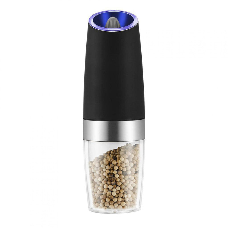 [Australia - AusPower] - Electric Pepper Grinder, Automatic Pepper Mill, Battery Powered with Blue LED Light, Stainless Steel Salt and Pepper Grinder with One Hand Operated(Black) Black 