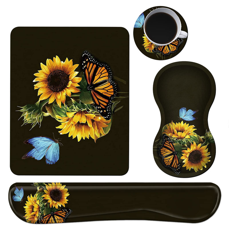 [Australia - AusPower] - Keyboard Wrist Rest + Mouse Pad + Mouse Wrist Rest Support Set + Coaster, Ergonomic Memory Foam Mouse and Keyboard Pad Set for Laptop Computer Office Home Working Gaming, Sunflower Butterfly 
