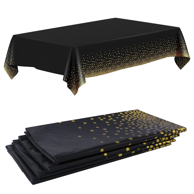[Australia - AusPower] - 4 Pack 54" x 108" Inch Black and Gold Disposable Plastic Tablecloths for Rectangle Table Cover with Gold Dot Confetti for Parties Thanksgiving Christmas, Graduation and Birthday 
