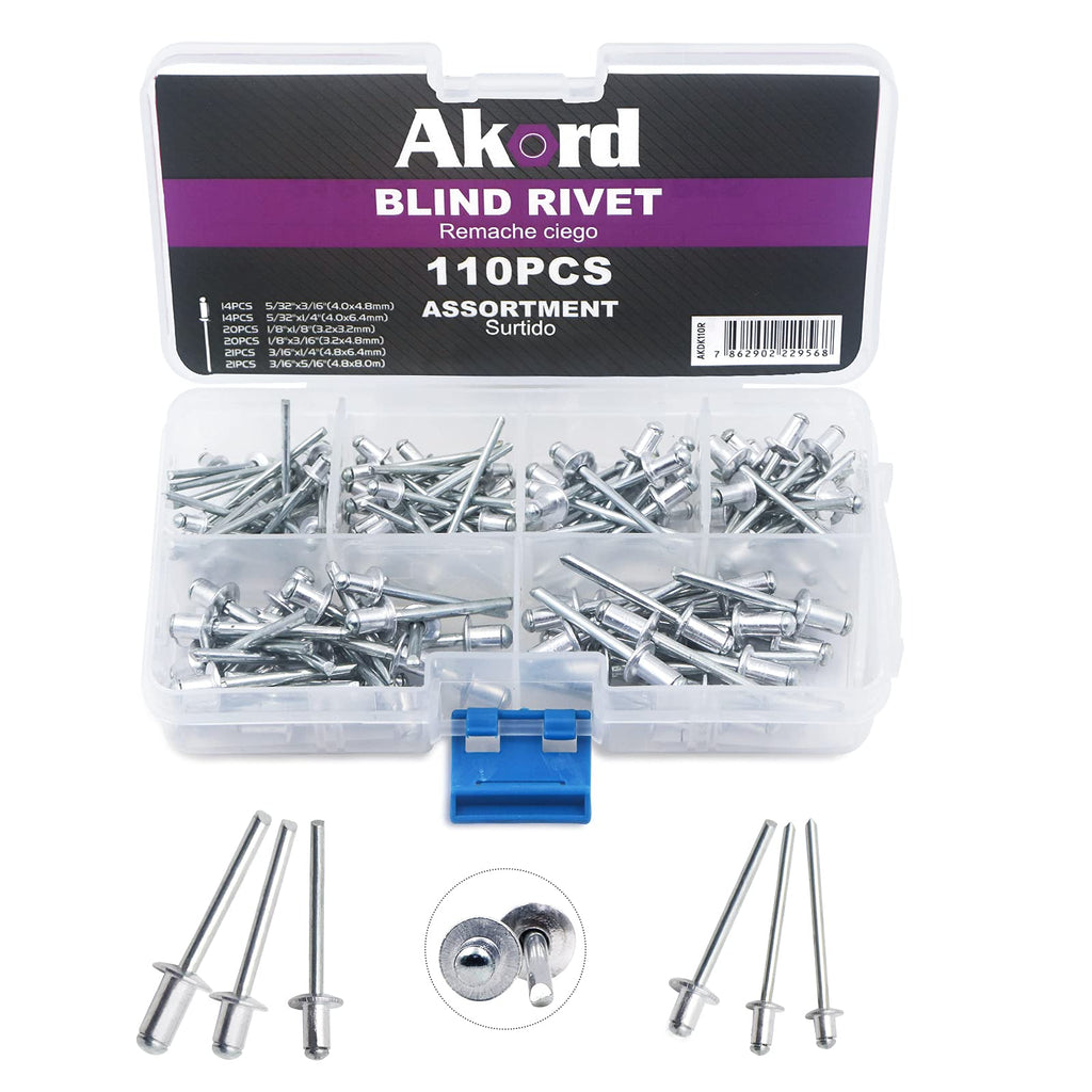 [Australia - AusPower] - Akord 6 Sizes Aluminum Blind Rivets, Pop Rivets Assortment Kit (Steel), 110 Pieces, AKDK110R 100PCS 