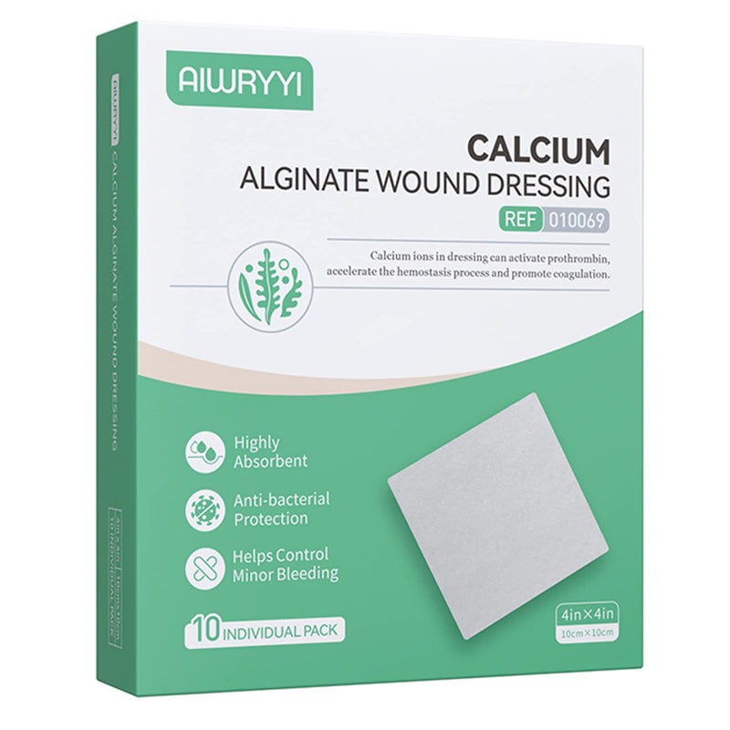 [Australia - AusPower] - Calcium Alginate Wound Dressing, 4" X 4" Patches, 10 Individual Large Pads, High Absorbent, Non-Stick, Fast Gelling for Pressure Ulcer,Bed Sore,Leg Sore,Diabetic Foot Ulcer 