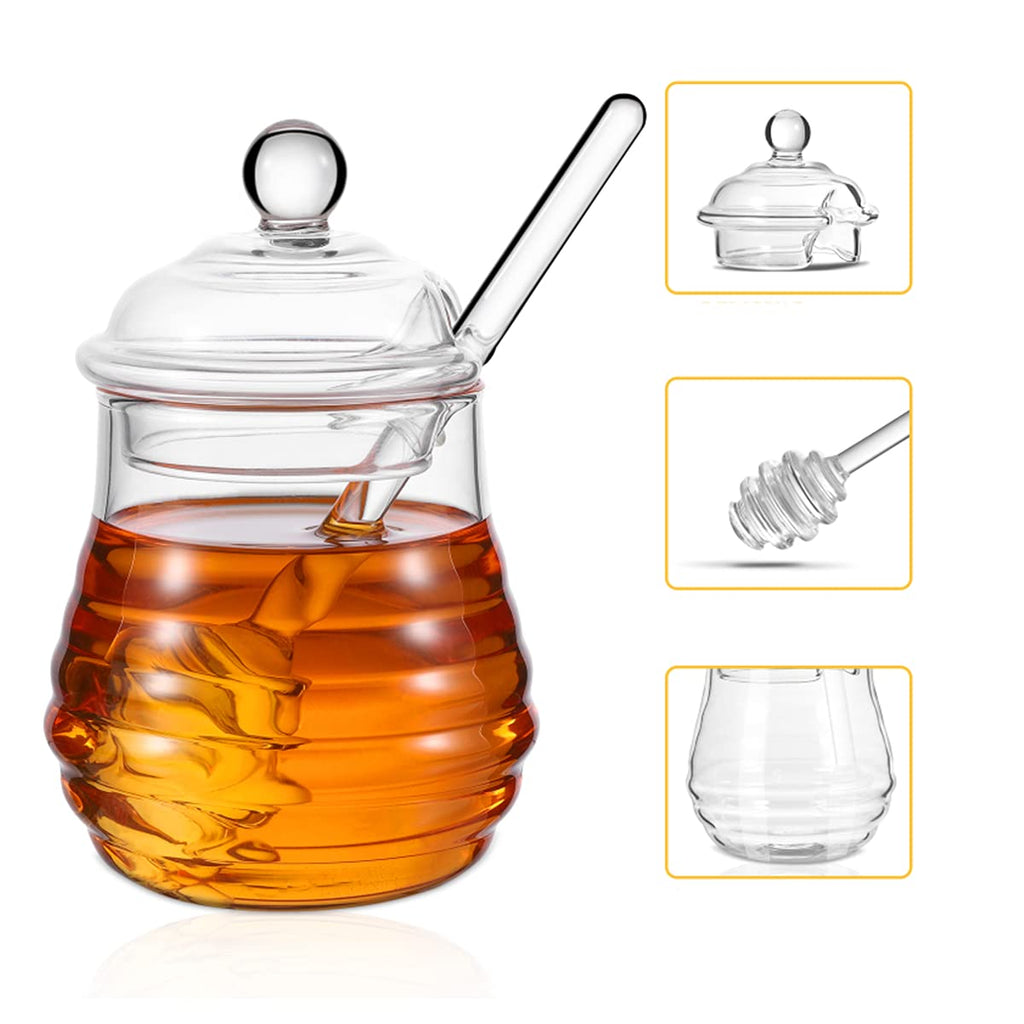 [Australia - AusPower] - Honey Jar，with Dipper and Lid Glass Honey Bee Pot, , Clear，15.2oz Glass Beehive Honey Pot for Home Kitchen glass honey pot 