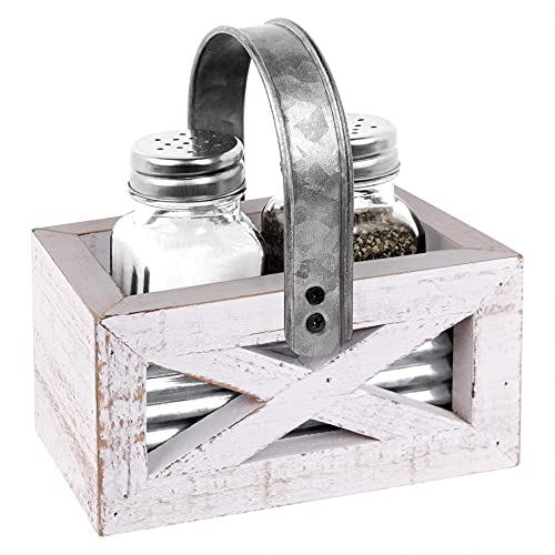 [Australia - AusPower] - Autumn Alley Barn Door Farmhouse Salt and Pepper Shakers Set in White and Galvanized Caddy - Shabby Chic Salt & Pepper Shakers for Country Kitchen 