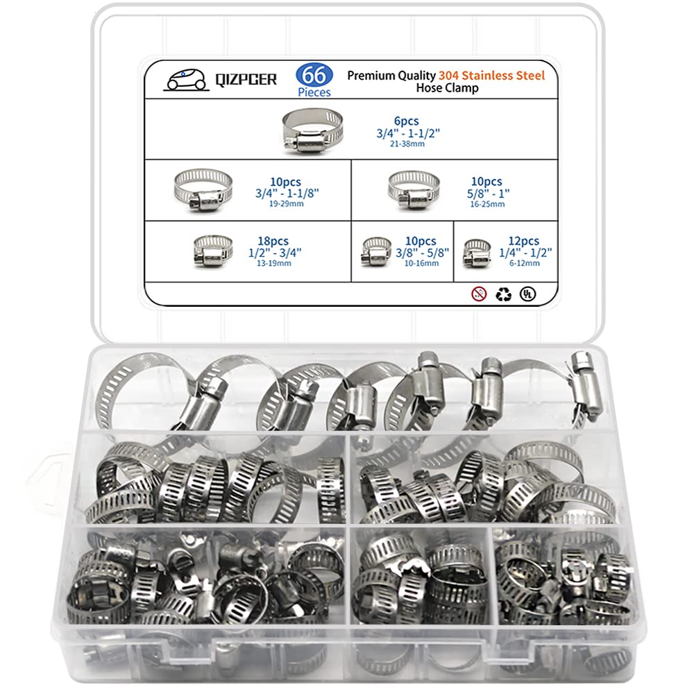 [Australia - AusPower] - 66 Pack Stainless Steel Hose Clamps Assortment Kit, 1/4 inch to 1-1/2 inch Worm Gear Metal Hose Clamps for Pipe, Dryer Repair, Tubing and Fuel Line 