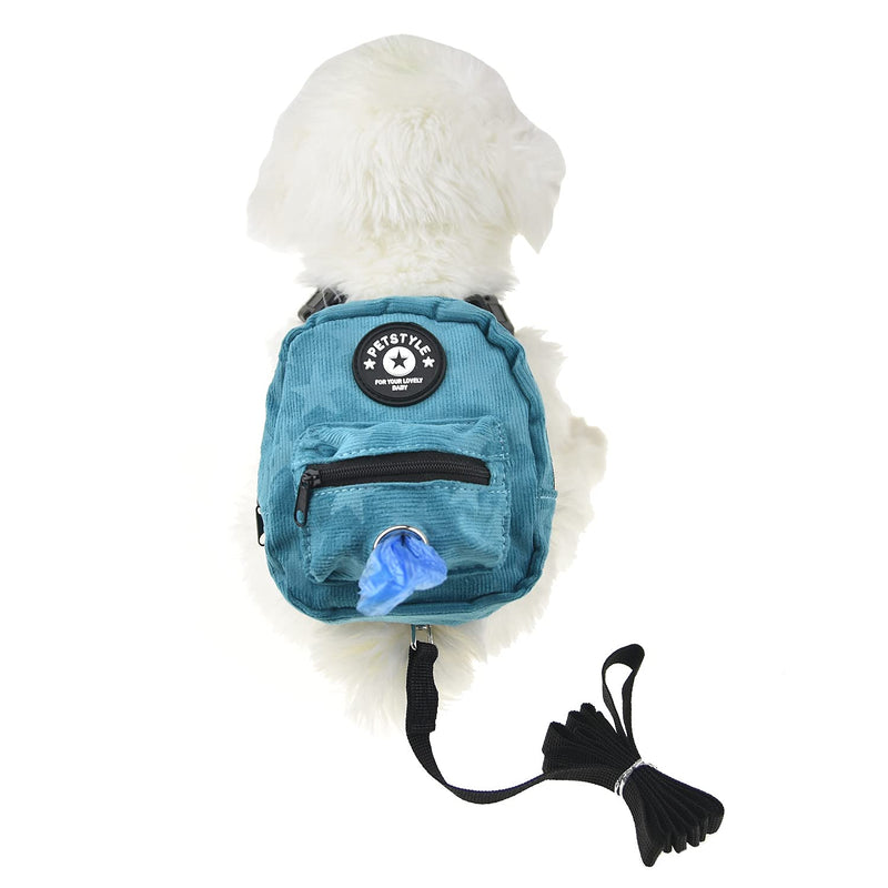 [Australia - AusPower] - FLAdorepet Dog Backpack Harness with Leash, Dog Poop Bag Dispenser, Pet Self Carrier Adjustable Travel Hiking Walking Harness Backpack for Small Medium Dogs S(Bust 12.5-15.7inch) Blue 