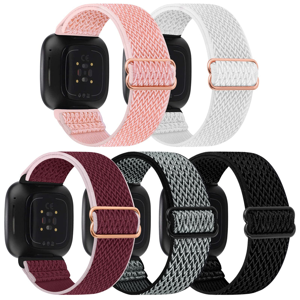 [Australia - AusPower] - GrTrees 5-Packs Elastic Bands Compatible with Fitbit Versa 3 / Fitbit Sense, Adjustable Nylon Replacement Straps Wristband for Fitbit Versa Smart Watch for Women and Men Black/Grey/Pink/WR/White Black/Grey/Pink/Wine-Red/White 