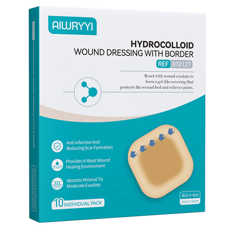 [Australia - AusPower] - [Pack of 10] Bordered Hydrocolloid Adhesive Bandages 4" x 4" Hydrocolloid Patches, Sterile Large Size Hydrogel Wound Dressing, Fast Healing Pads for Bedsores, Surgical Wound, Zit and Acne Prone 