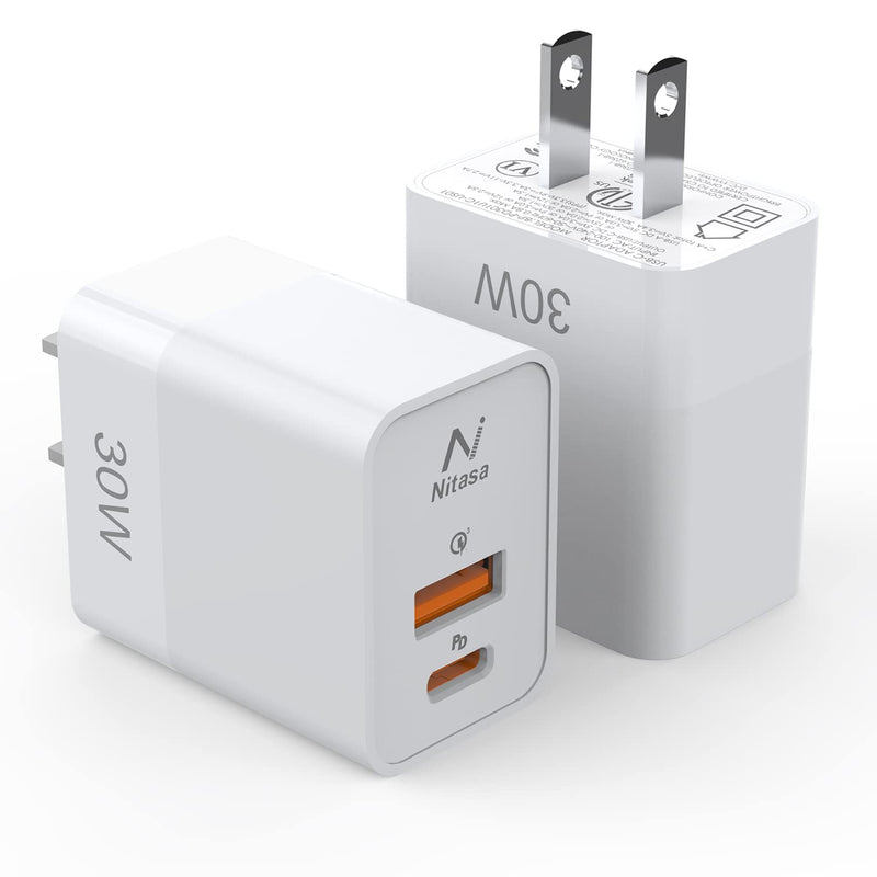 [Australia - AusPower] - USB C Charger,NITASA 30W 2 Port PD Fast Charger Adapter Block for iPhone 13 12 Mini 13 Pro Max/11/SE iPad,Super Fast Charger Block(25W PPS) Type C for Samsung Galaxy S21/S22,Note 20/10 Pixel 6 2PACK White+White 2 Pack 