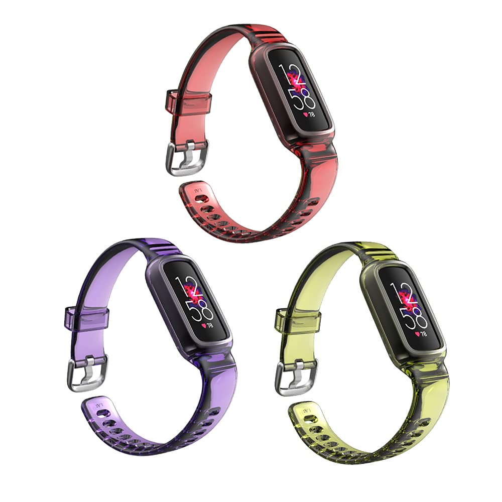 [Australia - AusPower] - PATROHOO Clear Band with Rugged Bumper Case Accessories Compatible with Fitbit Luxe,Adjustable Quick Release Sport Watch Band for Fitbit Luxe,Pack3. Red/purple/green 