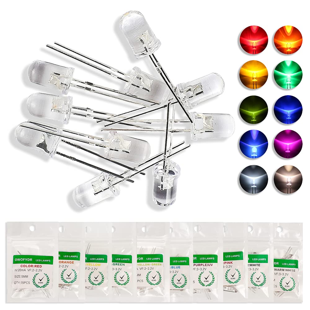 [Australia - AusPower] - OWOFYDR 150pcs 10 Colors 5mm LED Light-Emitting diode lamp Combination Package, Round Transparent Lens Mixed Color White/red/Yellow/Green/Blue/Warm White/Purple UV/Yellow Green/Pink/Orange (transparent) 10 colors × 15pcs=150pcs 