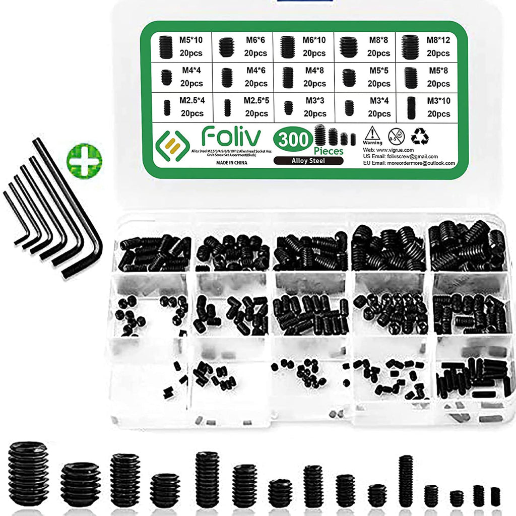 [Australia - AusPower] - Set Screws - FOLIV 300Pcs Hex Allen Head Socket Set Screw Assortment Kit - M2.5/M3/M4/M5/M6/M8 Grub Screw with Internal Hex Drive (Black) Black 