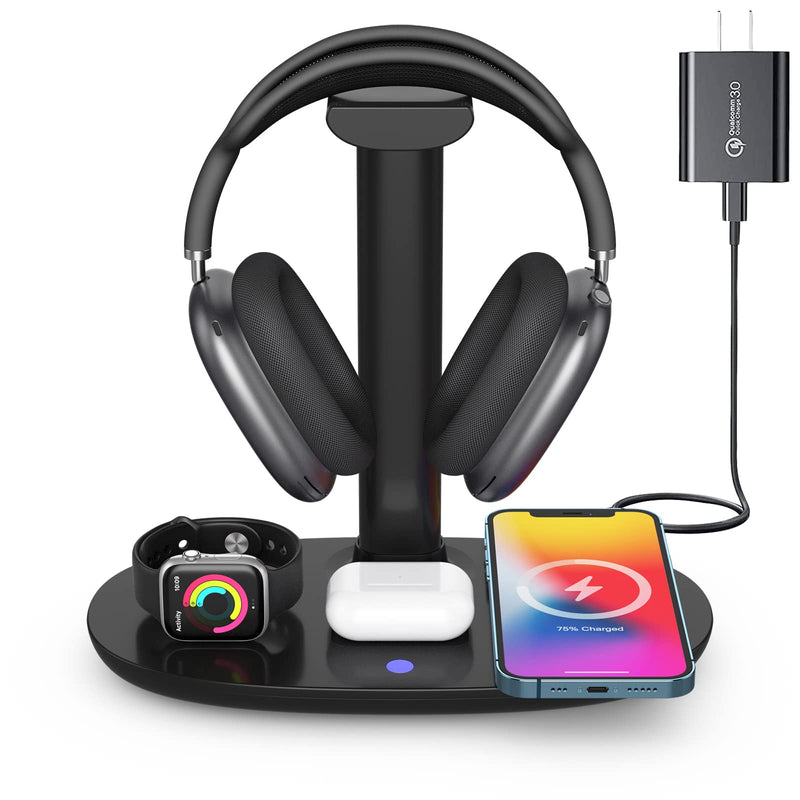 [Australia - AusPower] - Headphone Stand with 15w Wireless Charger, Suguder 4 in 1 Qi Charging Station Headset Holder for AirPods Max/Pro/2 iWatch 7/6/5/4/3/2/1/SE iPhone 13/12/11/XS/XR/X/8 Series for Desktop Table Game,Black Black 