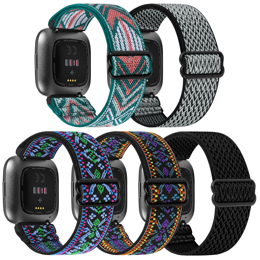 [Australia - AusPower] - MHunter 5-Packs Elastic Bands Compatible with Fitbit Versa 2/ Versa/Fitbit Versa Lite, Adjustable Nylon Replacement Straps Wristband for Fitbit Versa Smart Watch for Women and Men B/G/GrArr/at P/at G Black/Grey/Green Arrow/Aztec Purple/Aztec Green 