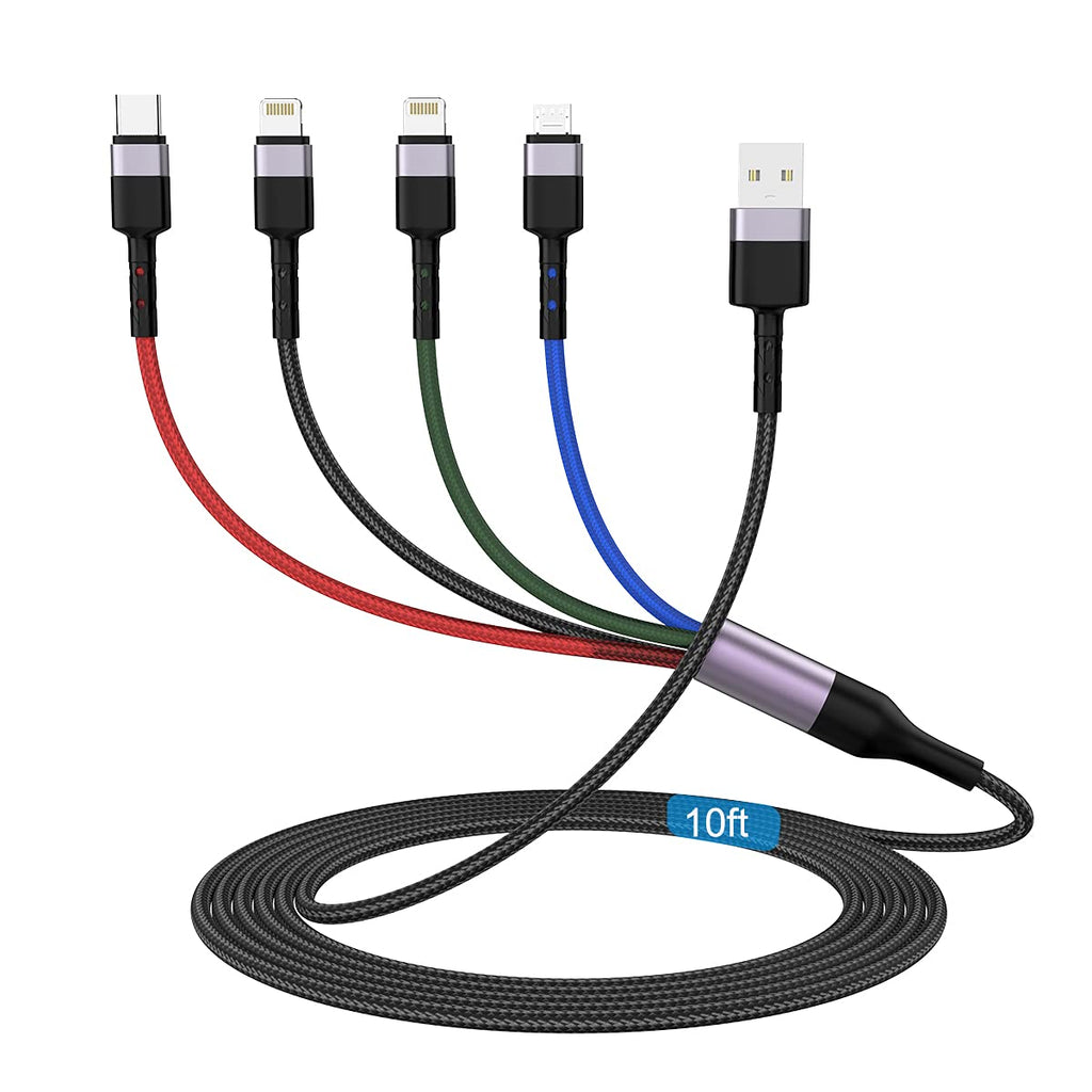 [Australia - AusPower] - MTAKYI 3M/10Ft Multi 4 in 1 USB Universal iPhone Charging Cable,Lightning2+Type C+Micro USB Long Nylon Braided Phone Charger Cord Connector Adapter for Android/Apple/iOS/Samsung/LG/Huawei/XiaoMi 
