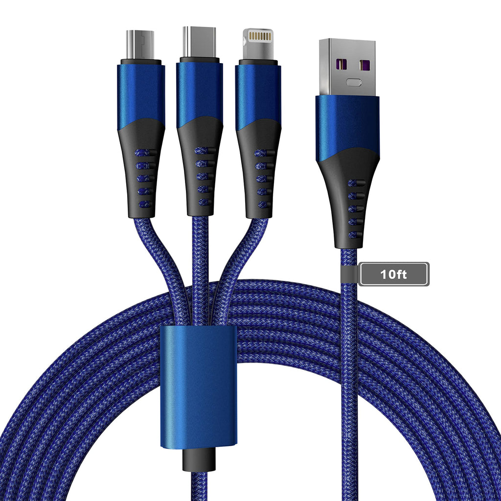 [Australia - AusPower] - Multi 3 in 1 USB Long Charger Cable, 3M/10Ft 6A PD Fast Braided Charging Cord, Universal Multiple Ports Long Charging Cable with USB C/Micro USB/Lightning Connector for iPhones Android Huawei 3IN1 USB Cable- 3M ( Blue ) 