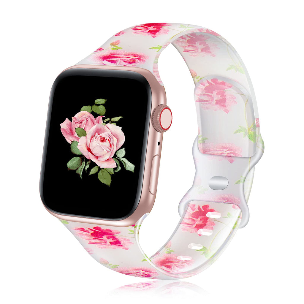 [Australia - AusPower] - YAXIN Sport Band Compatible with Apple Watch Band 38mm 40mm 42mm 44mm 41mm 45mm Women,Silicone Transparent Floral Printed Fadeless Pattern Replacement Strap Band for iWatch Series 7 6 3 4 5 2 1 SE Pink Rose 42mm/44mm 