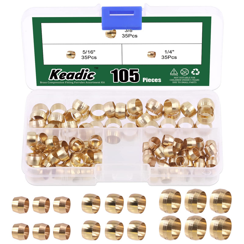 [Australia - AusPower] - Keadic 105 Pcs 3 Size Brass Compression Fitting Ferrule Sleeve Tube OD 1/4" 5/16" 3/8" Brass Compression Fitting Set for Air, Water, Fuel, Oil Tubing (Imperial) 1/4" 5/16" 3/8" 