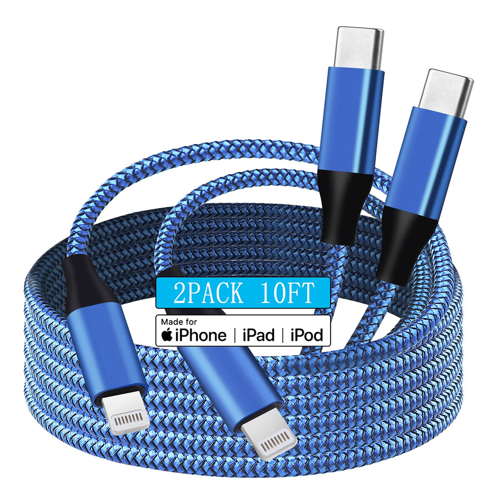 [Australia - AusPower] - Long iPhone 13 Fast Charger Cable [Apple MFi Certified] USB C to Lightning Cable 2Pack 10FT Apple iPhone Fast Charging Cables Cord Compatible with iPhone 13/12/12 ProMax/11/11 ProMax/XS/XR/8 Plus/iPad Blue 