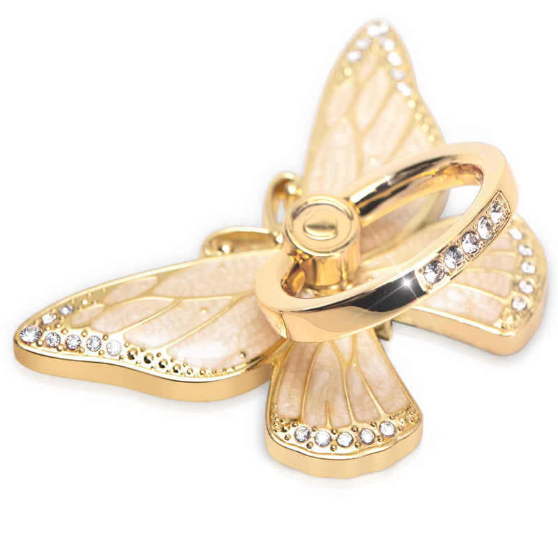[Australia - AusPower] - Cell Phone Ring Holder Stand with Crystal Stone and Enamel Process, Butterfly 360° Rotation Finger Kickstand Metal Back Stand Hand Grip with Knob Loop Compatible with Smartphone (Gold Pearl White) 