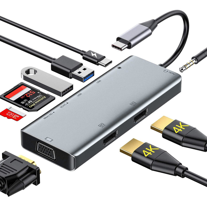 [Australia - AusPower] - USB C Hub, 9 in 1 Triple Display Adapter Hub with 2 HDMI, USB-C, USB3.0/2.0, SD Card Reader, Micro SD Card Reader, VGA, 3.5mm Audio Jack Port, for MacBook Pro/Air, iMac, USB-C Laptop, and More 