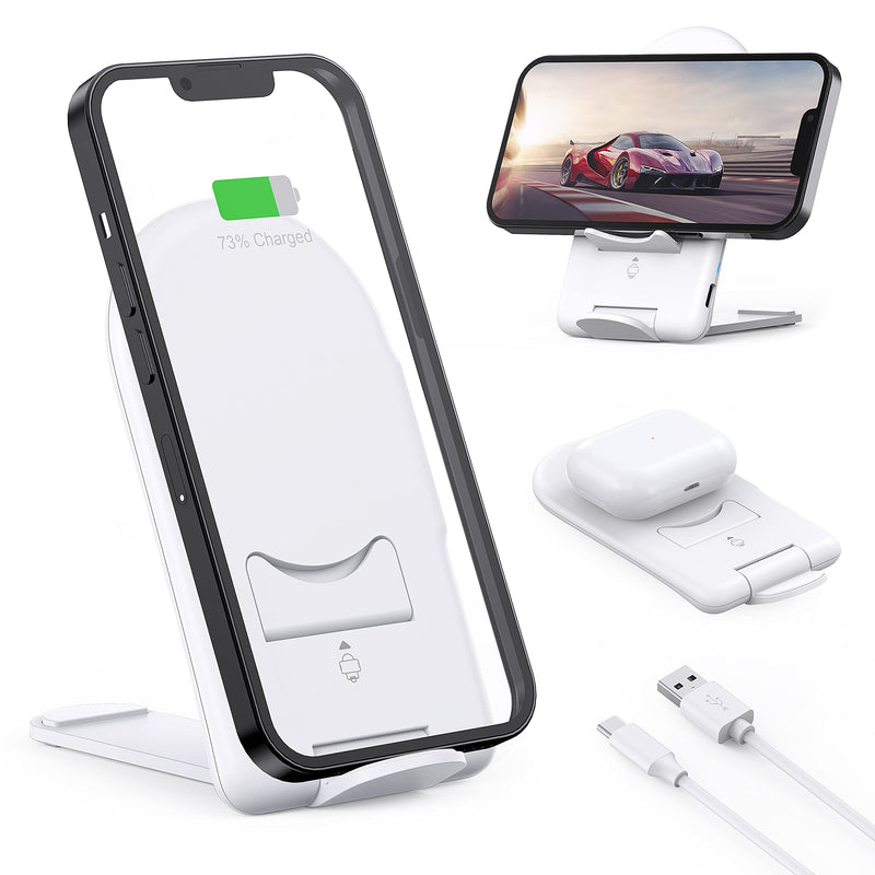 [Australia - AusPower] - Foldable Wireless Charging Stand, 15W Qi Fast Wireless Charger and Charging Pad for iPhone 13 Pro Max/12/11/8 Plus/X/XR/XS/Mini/SE, Pixel 6/5, Samsung S21 Ultra/20/10/ Note 10 and AirPods(No Adapter) White 