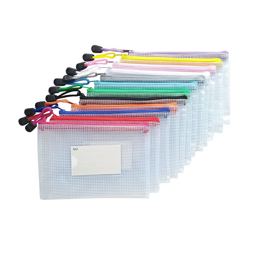 [Australia - AusPower] - AUSTARK 12Pcs Zippered File Bags, Plastic Mesh Zipper Pouch with Label Pocket, Waterproof Documents Receipts Pencil Storage Bags for Office School Home Travel (B6 Size 7.6x5.3in) B6 Size 7.6x5.3in 