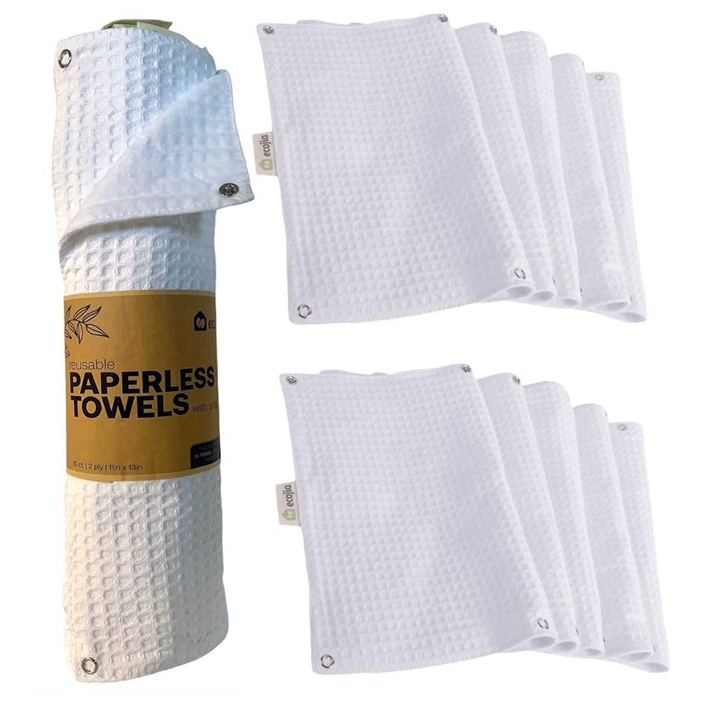 [Australia - AusPower] - Ecojia 10 SHEET Reusable Paper Towels with Snaps | Washable Roll & Sustainable 2-Ply Organic Cotton| Paperless Towels, Dish Cloths, Cleaning Rags Napkins, Natural white, 11 x 13 inch 