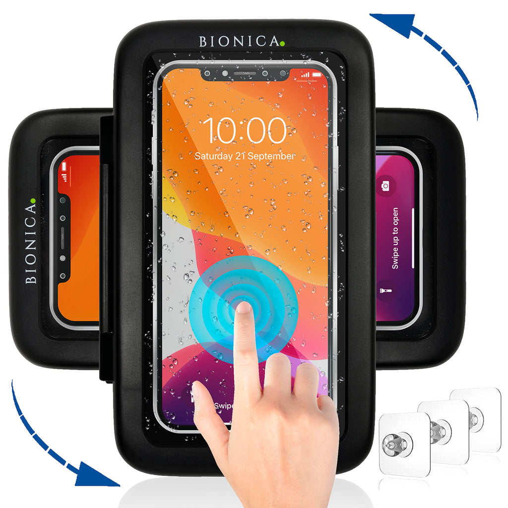 [Australia - AusPower] - BIONICA Upgraded Shower Phone Holder Waterproof Case with 3 Adhesive Wall Hooks, Anti Fog 6.8" HD Clear PVC Screen with Quick Touch Response and 360° Free Spin, (Black) Black 