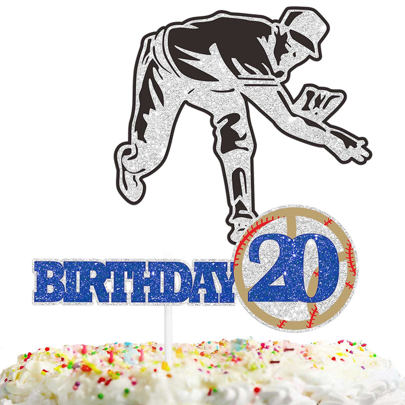 [Australia - AusPower] - Baseball Cake Topper for Women Men 20th Happy Birthday Sport Theme Party Decoration Supplies Baseball Pitcher Cake Decor for Cool Player Cheer to 20 Years Old Glitter 