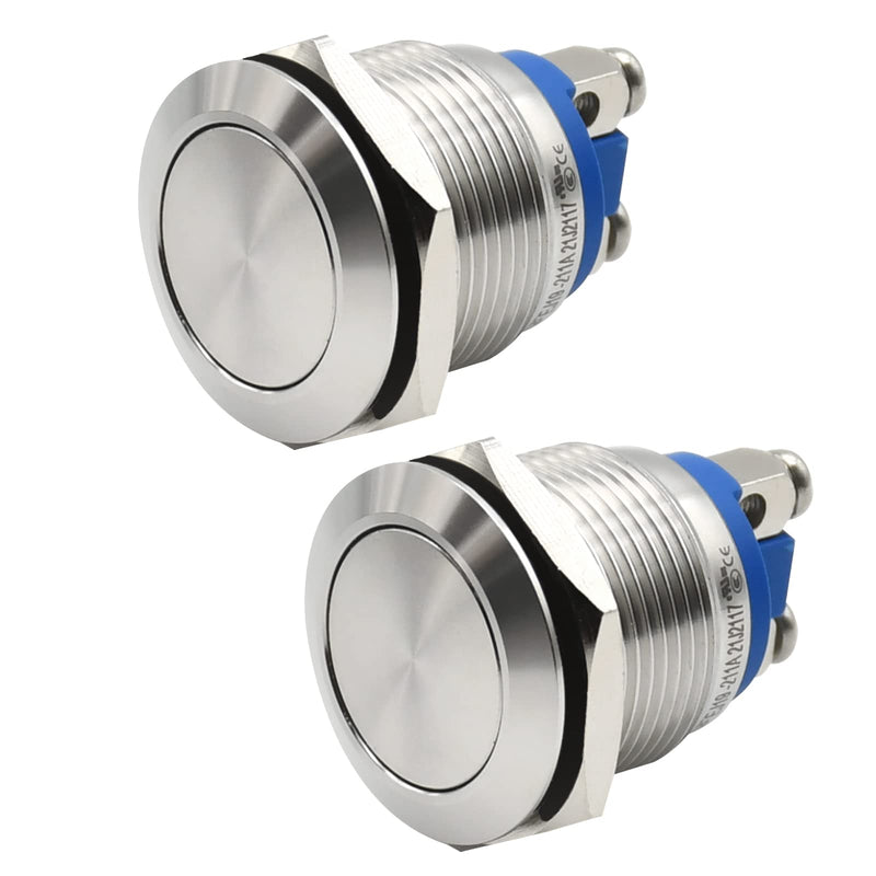 [Australia - AusPower] - 2PCS 19mm Momentary Push Button Switch Waterproof IP67 Stainless Steel 12V 24V 110V 120V 1NO Screw Terminal UL Listed (Silver, Flat Round) Silver 