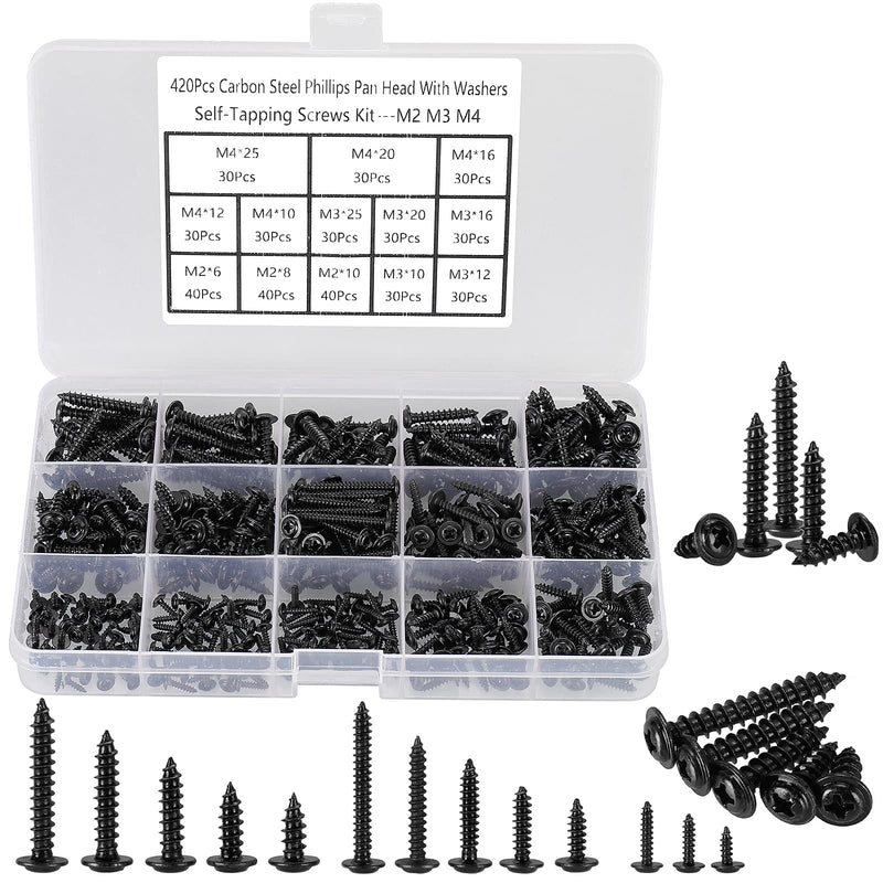 [Australia - AusPower] - HanTof 420pcs M2 M3 M4 Phillips Truss Head Self-Tapping Screws,Wafer Head Screws, Pan Head with Washer Wood Screws,13 Sizes Self Tapping Screws Assortment Kit,Black Carbon Steel Black 