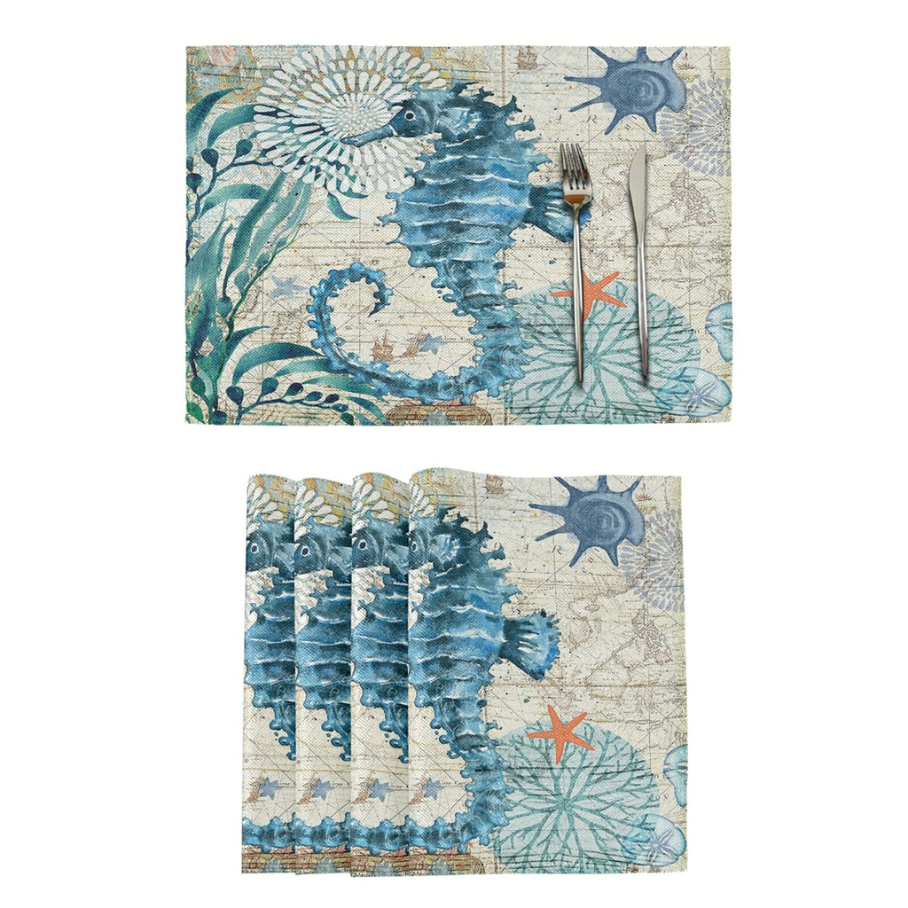 [Australia - AusPower] - Beach Seahorse Starfish Placemats Set of 4, Non Slip Burlap Ocean Animals Table Mats Heat Resistant Washable Place Mats for Dining Home Kitchen 12 x 18 Inch 