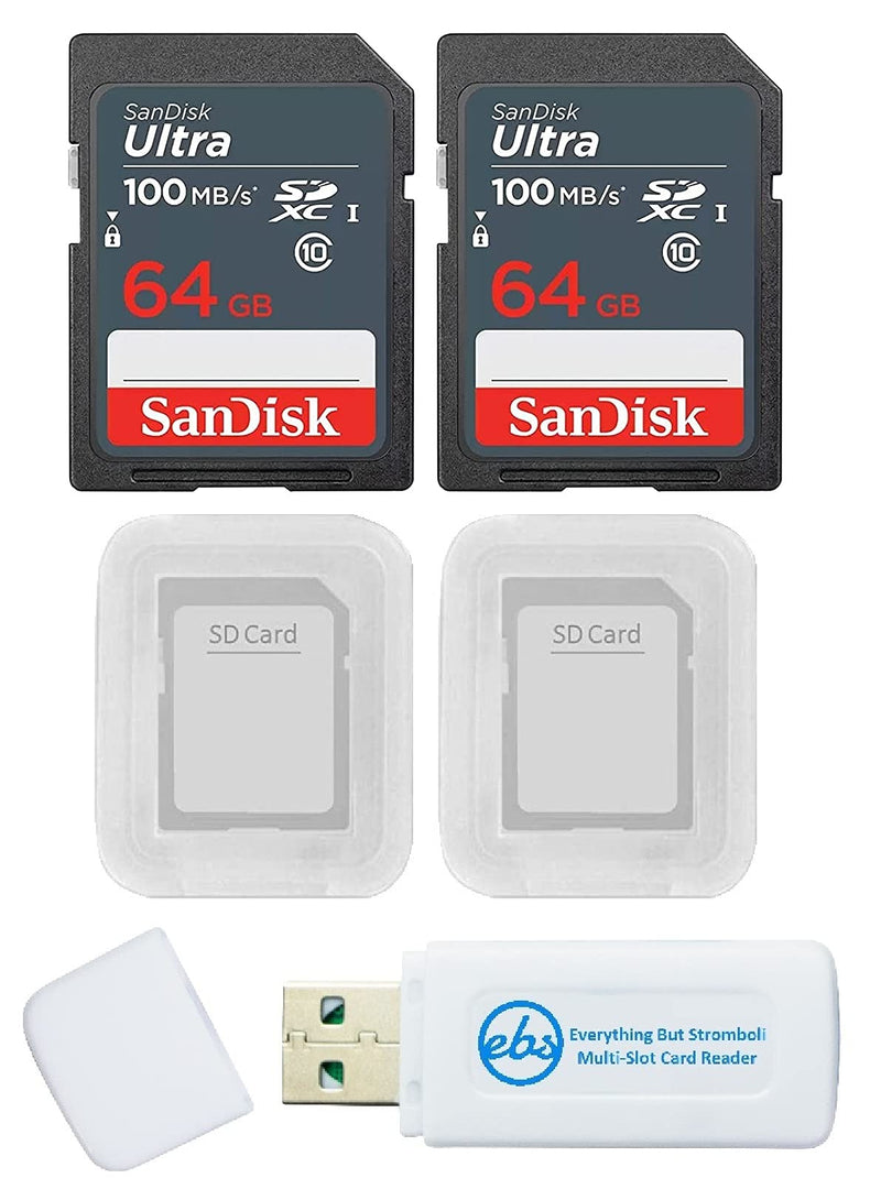 [Australia - AusPower] - SanDisk Ultra 64GB (2 Pack) SDXC UHS-I Card Class 10 SDSDUNR-064-GN3IN Bundle with 2 SD Card Cases and 1 Everything But Stromboli Memory Card Reader 