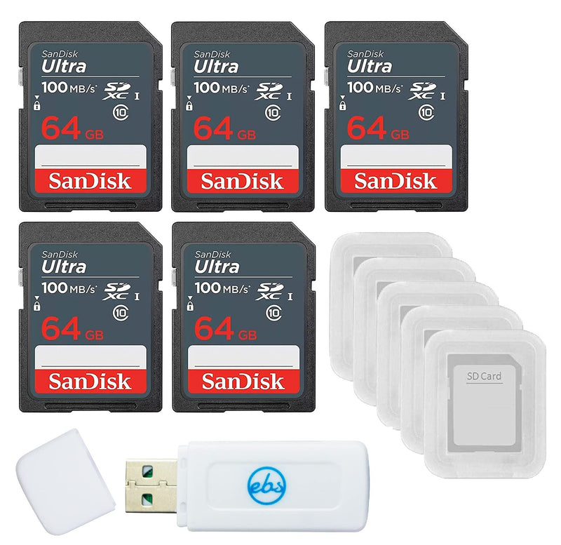 [Australia - AusPower] - SanDisk 64GB Ultra SD Memory Card 5 Pack SDXC UHS-I Class 10 (SDSDUNR-064G-GN3IN) Bundle with 5 SD Card Cases & 1 Everything But Stromboli Card Reader 