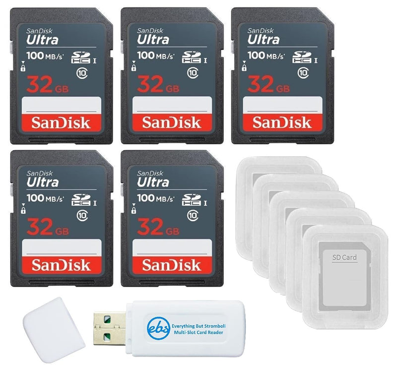 [Australia - AusPower] - SanDisk 32GB Ultra SD Memory Card 5 Pack SDHC UHS-I Class 10 (SDSDUNR-032G-GN3IN) Bundle with 5 SD Card Cases & 1 Everything But Stromboli Card Reader 