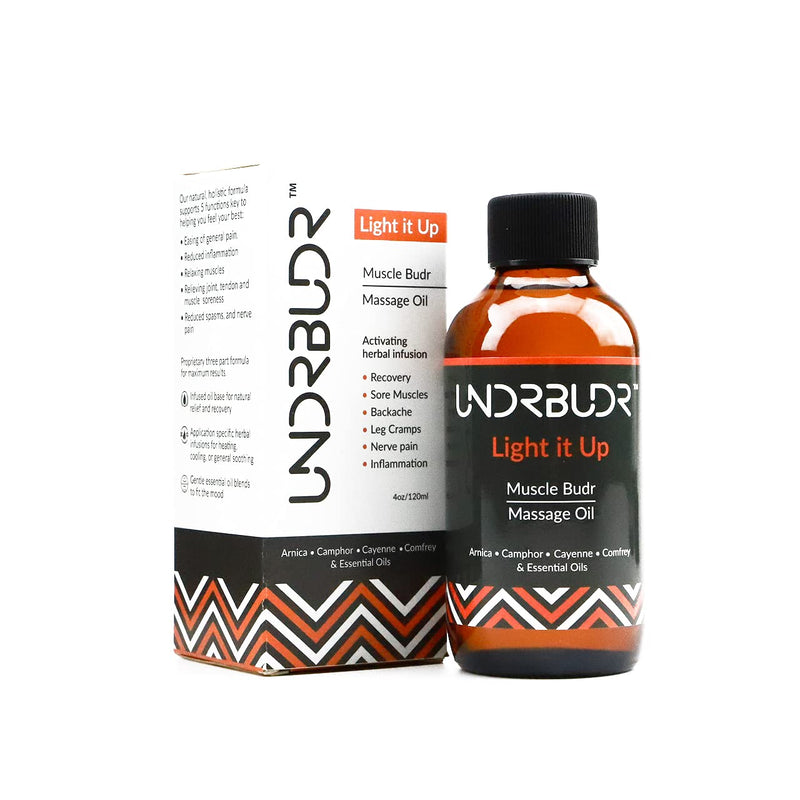 [Australia - AusPower] - UNDRBUDR Muscle Budr “Light it Up” Massage Oil for Pre-Activity, Cayenne & Black Pepper Infused, Decreases “Lactic Burn”, Arnica + Comfrey & Essential Oils for Recovery and Repair 4oz 