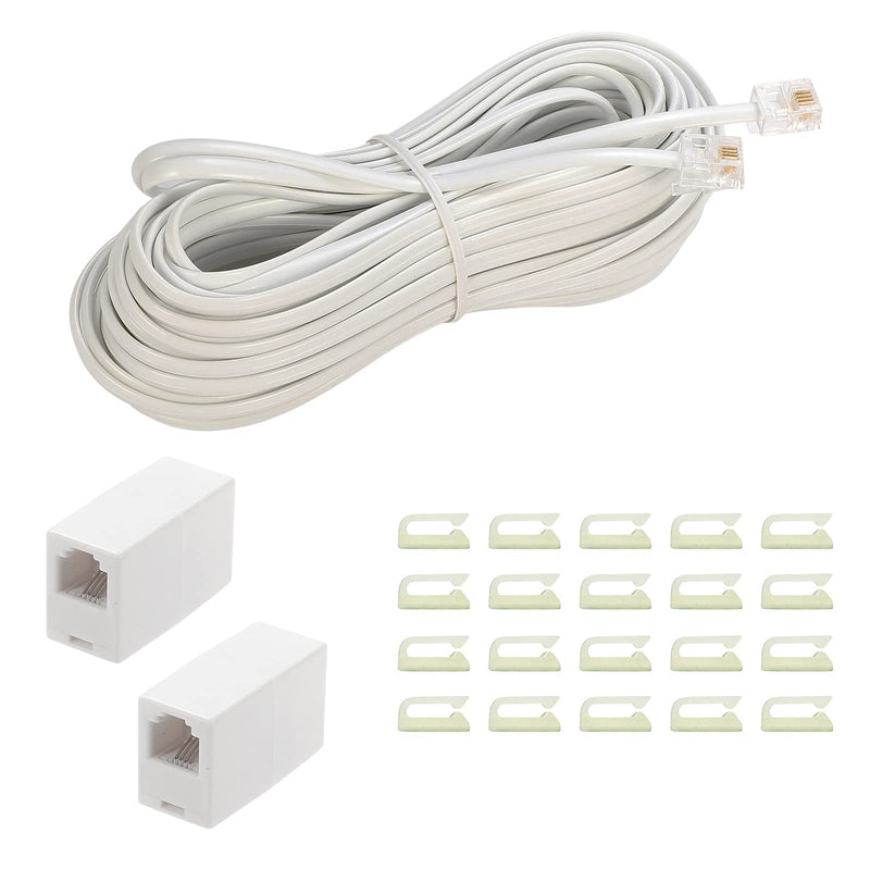 [Australia - AusPower] - Phone Extension Cord50Ft, Phone Cord ，Telephone Cable with Standard RJ11Plug and 2 in-Line Couplers and 20 Cable Clip Holders, White (White, 50 Feet) 