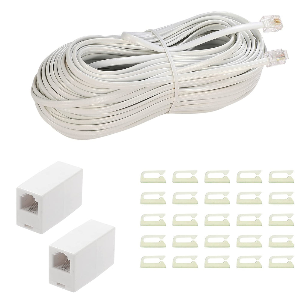 [Australia - AusPower] - Phone Extension Cord 66 Ft, Phone Cord ，LanSenSu Telephone Cable with Standard RJ11Plug and 2 in-Line Couplers and 25Cable Clip Holders, White (White, 66 Feet) 