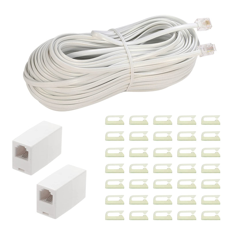 [Australia - AusPower] - Phone Extension Cord100 Ft, Phone Cord ，Telephone Cable with Standard RJ11Plug and 2 in-Line Couplers and 35 Cable Clip Holders, White (White, 100 Feet) 