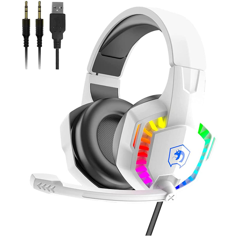 [Australia - AusPower] - Wired Gaming Headset with Rainbow RGB Backlight Retractable Noise Isolating Microphone Stereo Sound Deep Bass Memory Foam Earmuff Over Ear Headphone for PS4 Xbox One Switch PC Mac Gamer Music (White) White 