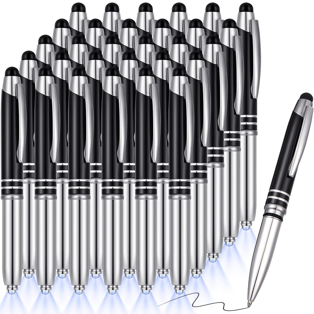 [Australia - AusPower] - 30 Pieces LED Ballpoint Pen with Stylus Tip, Multi-Function Capacitive Pen With LED Flashlight, 1.0 mm Black Ink Metal Pen Stylus Pen for Touch Screens, 3 In 1 Stylus Ballpoint Pen (Black) 